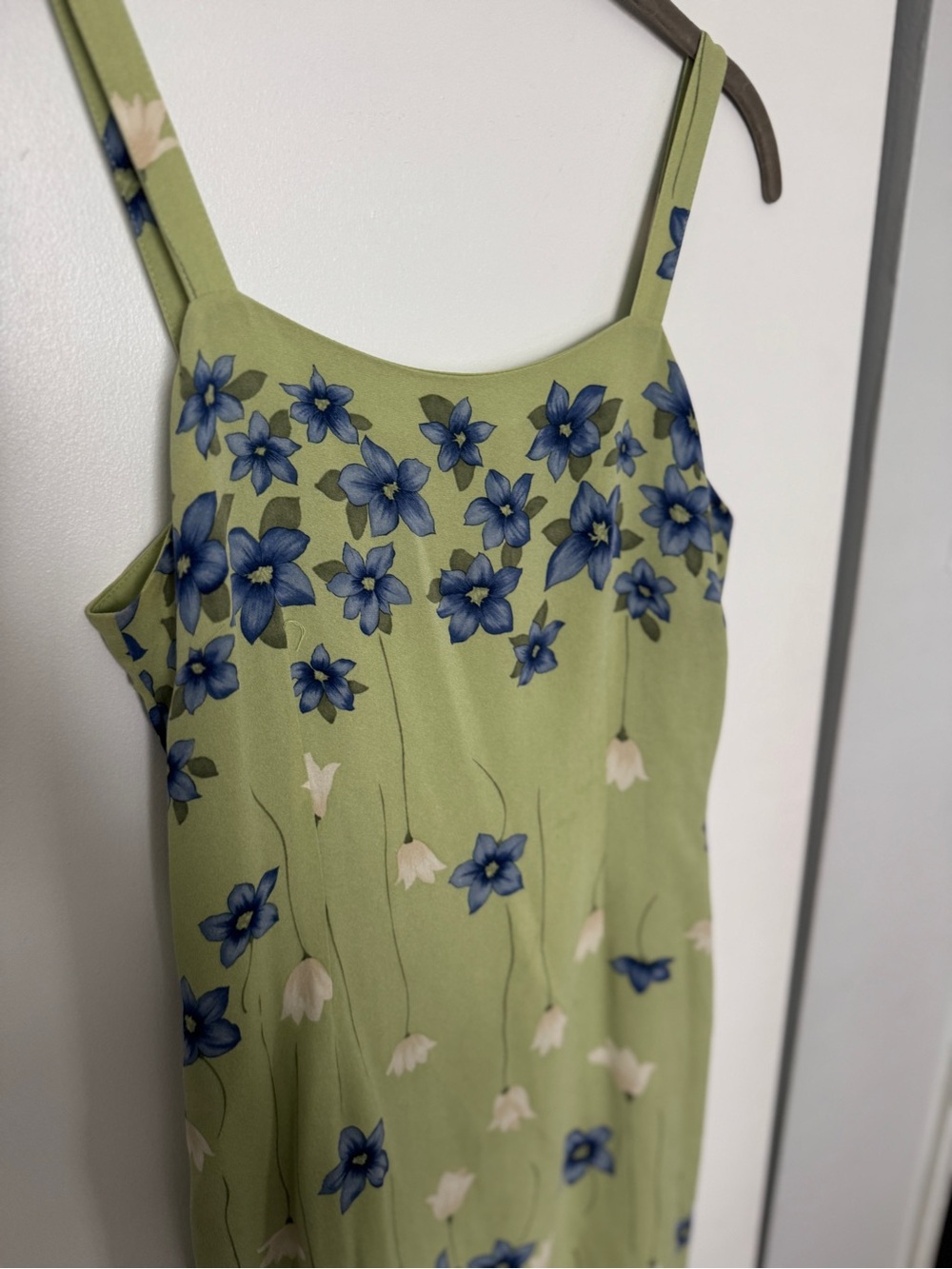 Harold's Light Green Dress with Blue Floral Pattern